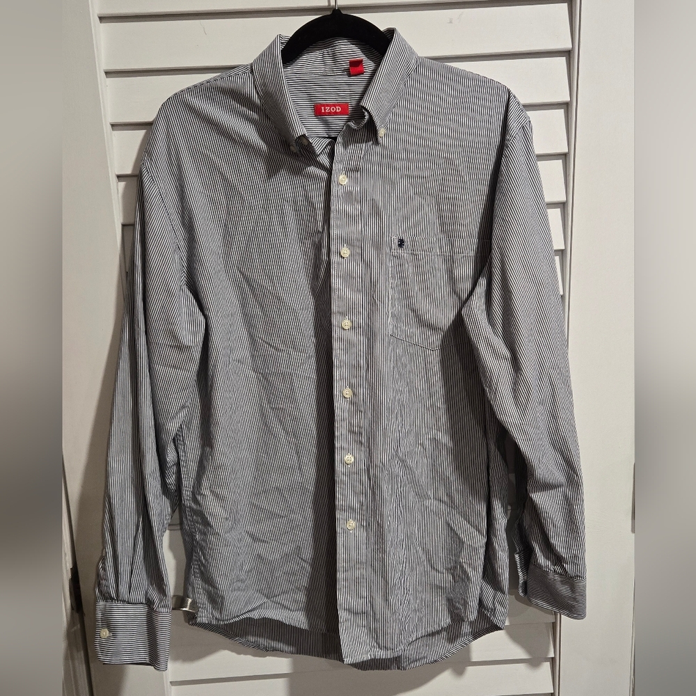 Izod Men's Navy Striped Button-Down Cotton Shirt